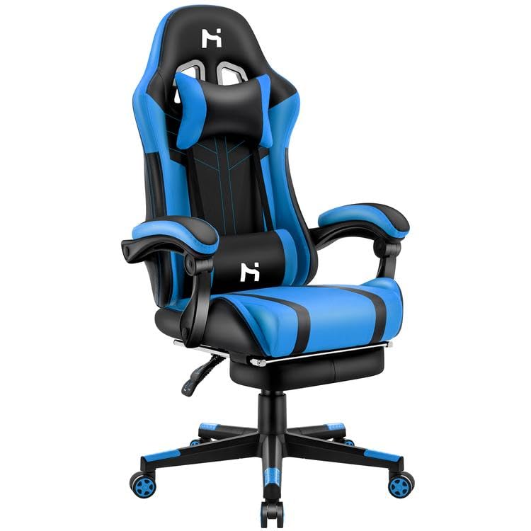 HLDIRECT Gaming Chair, Video Game Chair, Gamer Computer Chair, Ergonomic Gaming Chairs for Adults with Headrest and Lumbar Support, Swivel PU Leather Office Chair, Black & Blue