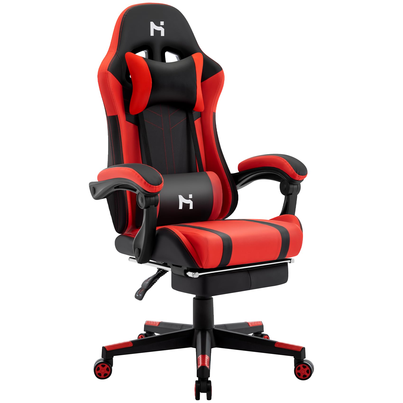 HLDIRECT Gaming Chair, Video Game Chair, Gamer Computer Chair, Ergonomic Gaming Chairs for Adults with Headrest and Lumbar Support, Swivel PU Leather Office Chair, Black & Red