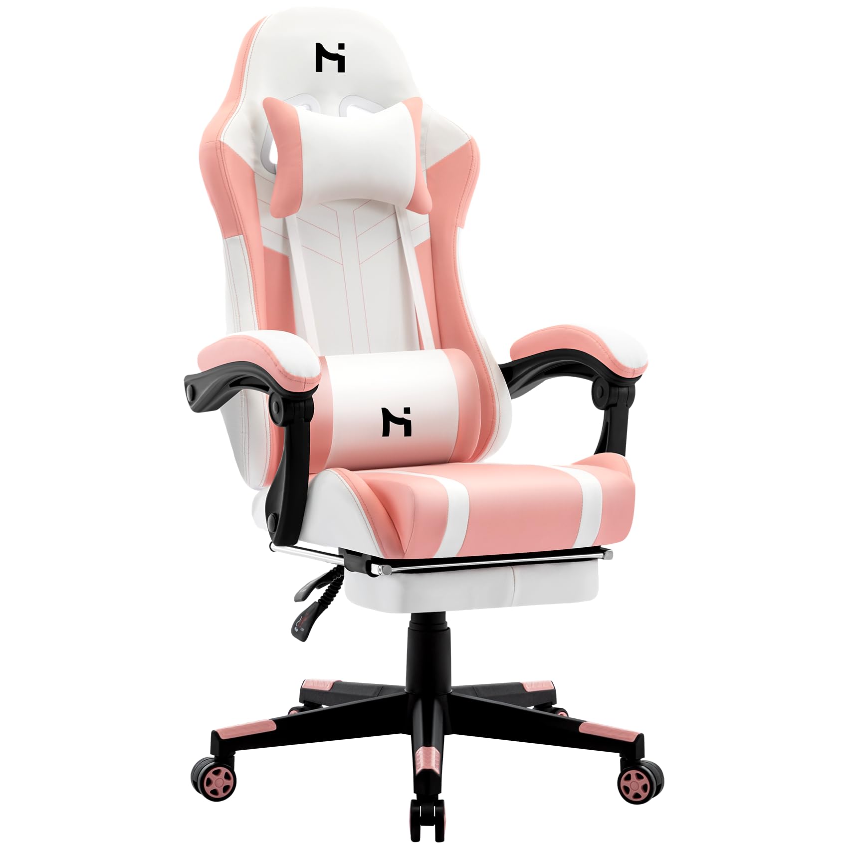 HLDIRECT Gaming Chair, Video Game Chair, Gamer Computer Chair, Ergonomic Gaming Chairs for Adults with Headrest and Lumbar Support, Swivel PU Leather Office Chair, White & Pink