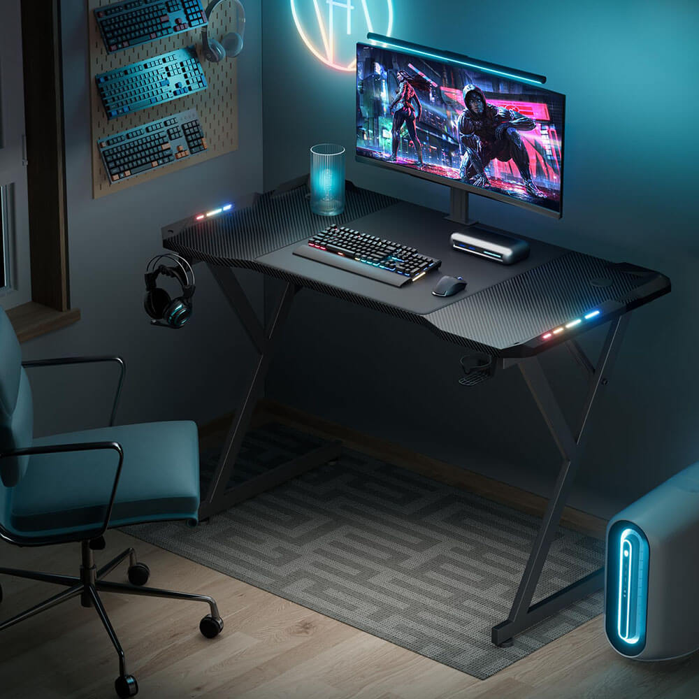 HLDIRECT 47 Inch Ergonomic Gaming Desk with LED Lights with Carbon Fibre Surface