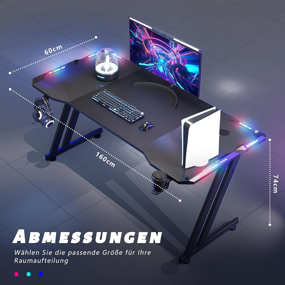 HLDIRECT 63 Inch Gaming Desk with LED Lights Z Shaped