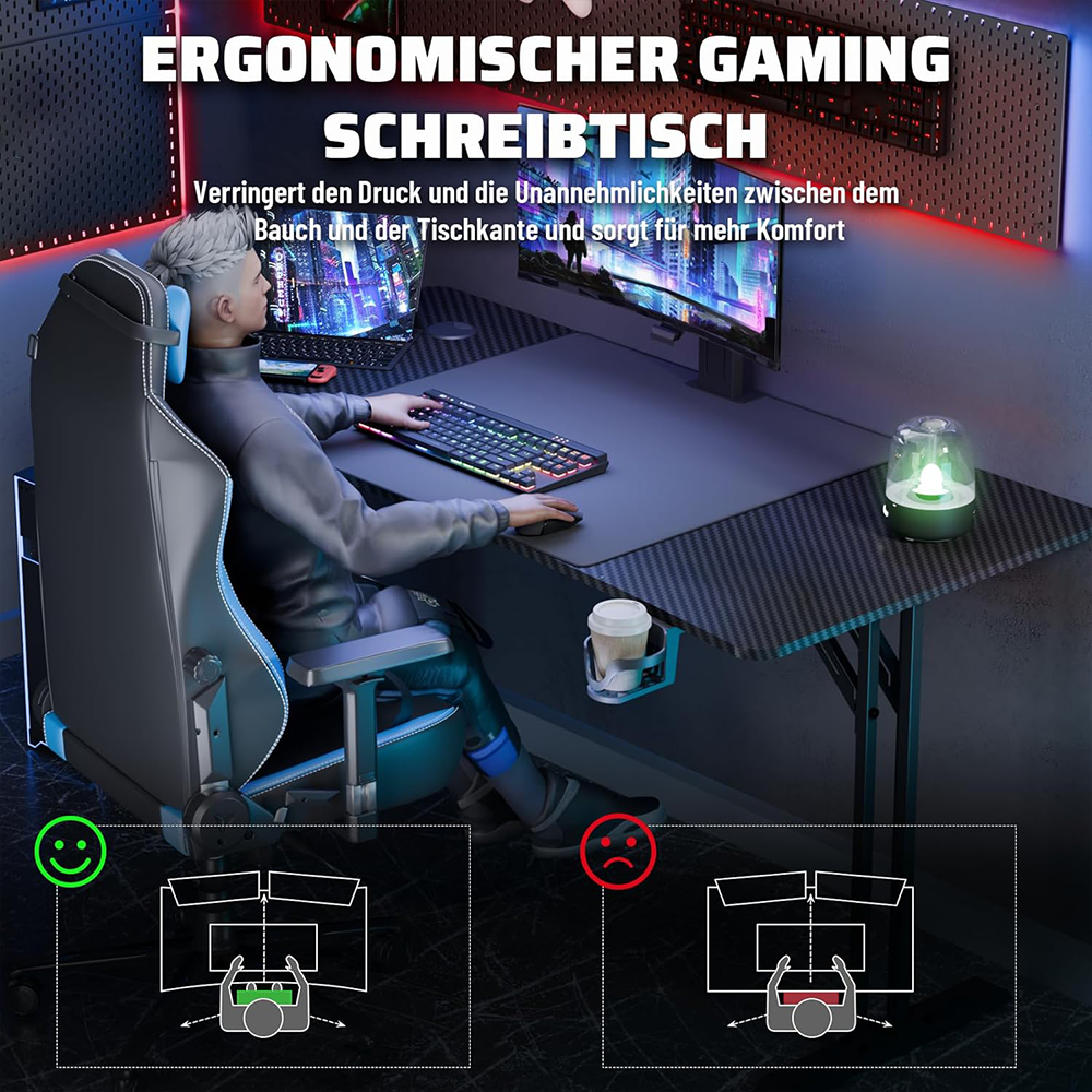 HLONONE Gaming Tisch 140 x 70cm, Ergonomischer Computertisch Gaming Schreibtisch