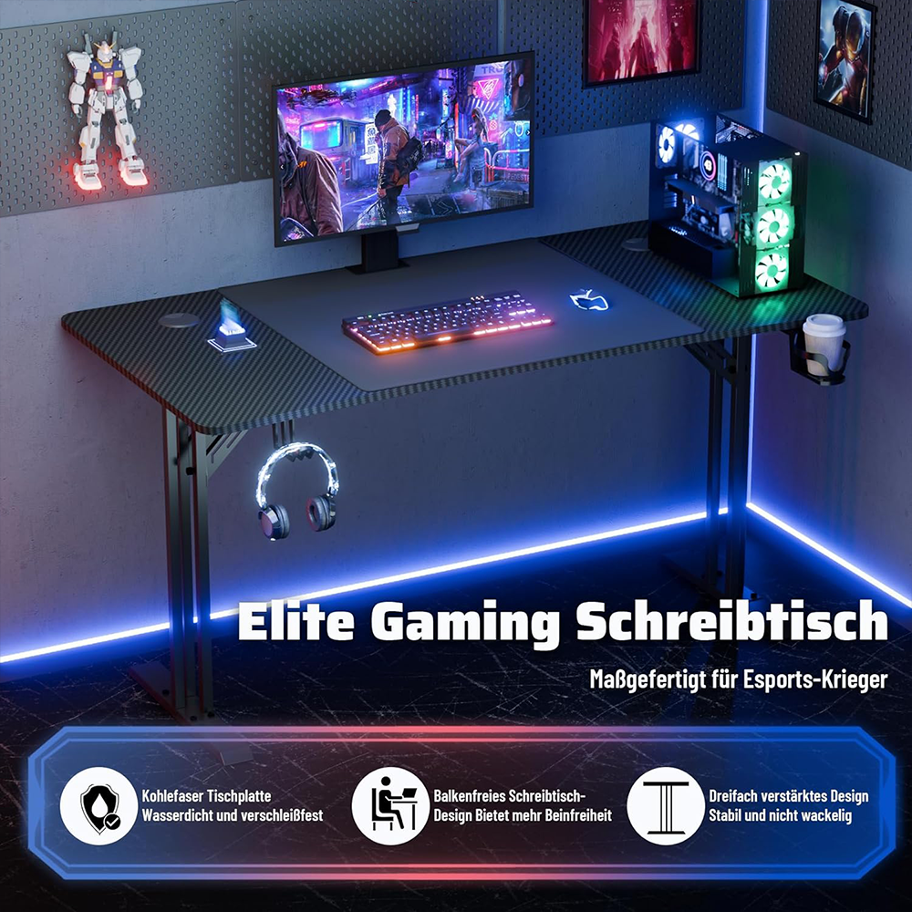 HLONONE Gaming Tisch 140 x 70cm, Ergonomischer Computertisch Gaming Schreibtisch