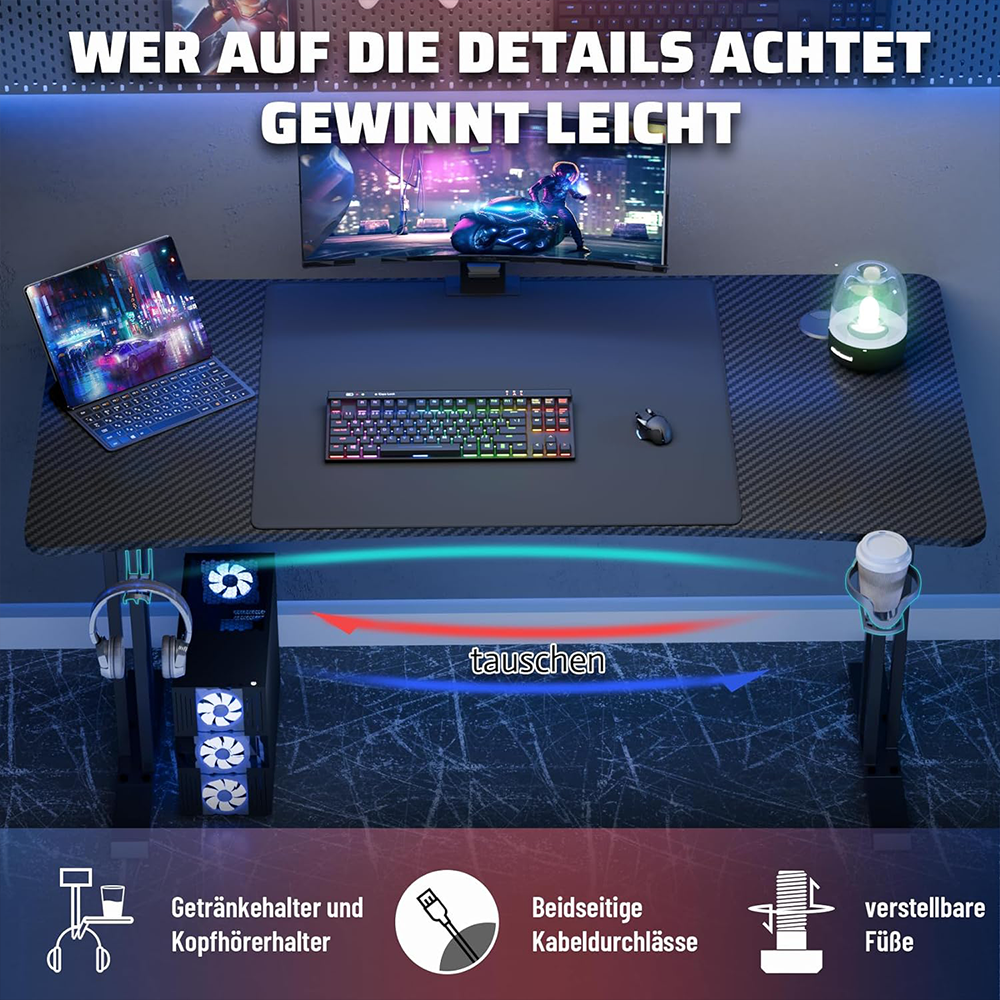 HLONONE Gaming Tisch 140 x 70cm, Ergonomischer Computertisch Gaming Schreibtisch