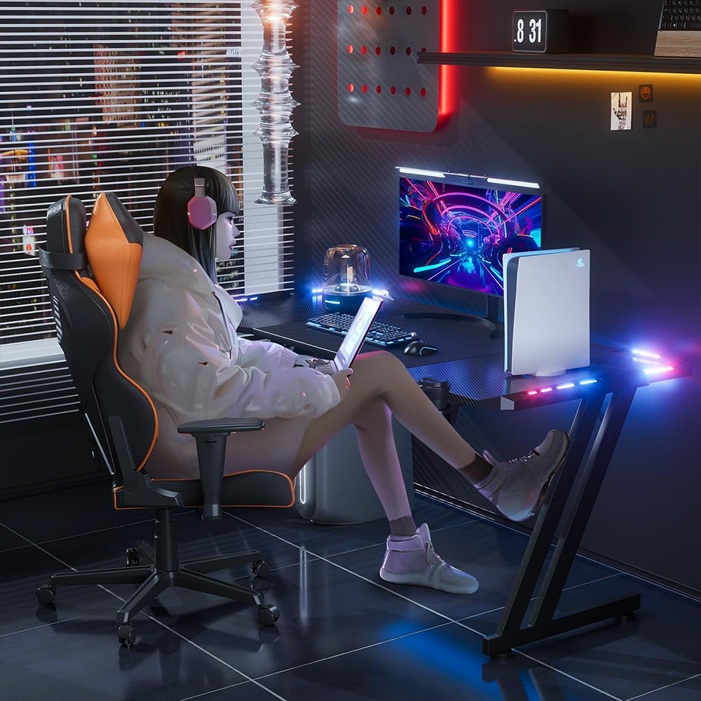 HLDIRECT 63 Inch Gaming Desk with LED Lights Z Shaped