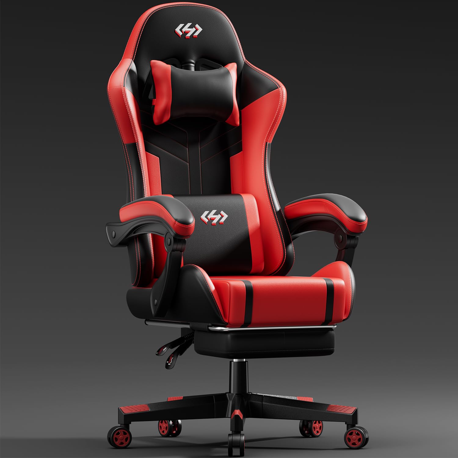 HLDIRECT Gaming Chair with Pocket Spring Cushion, Video Game Chair, Gaming Computer Chair, Ergonomic Chairs for Adults with Headrest and Lumbar Support, Swivel PU Leather Office Chair, Black & Red