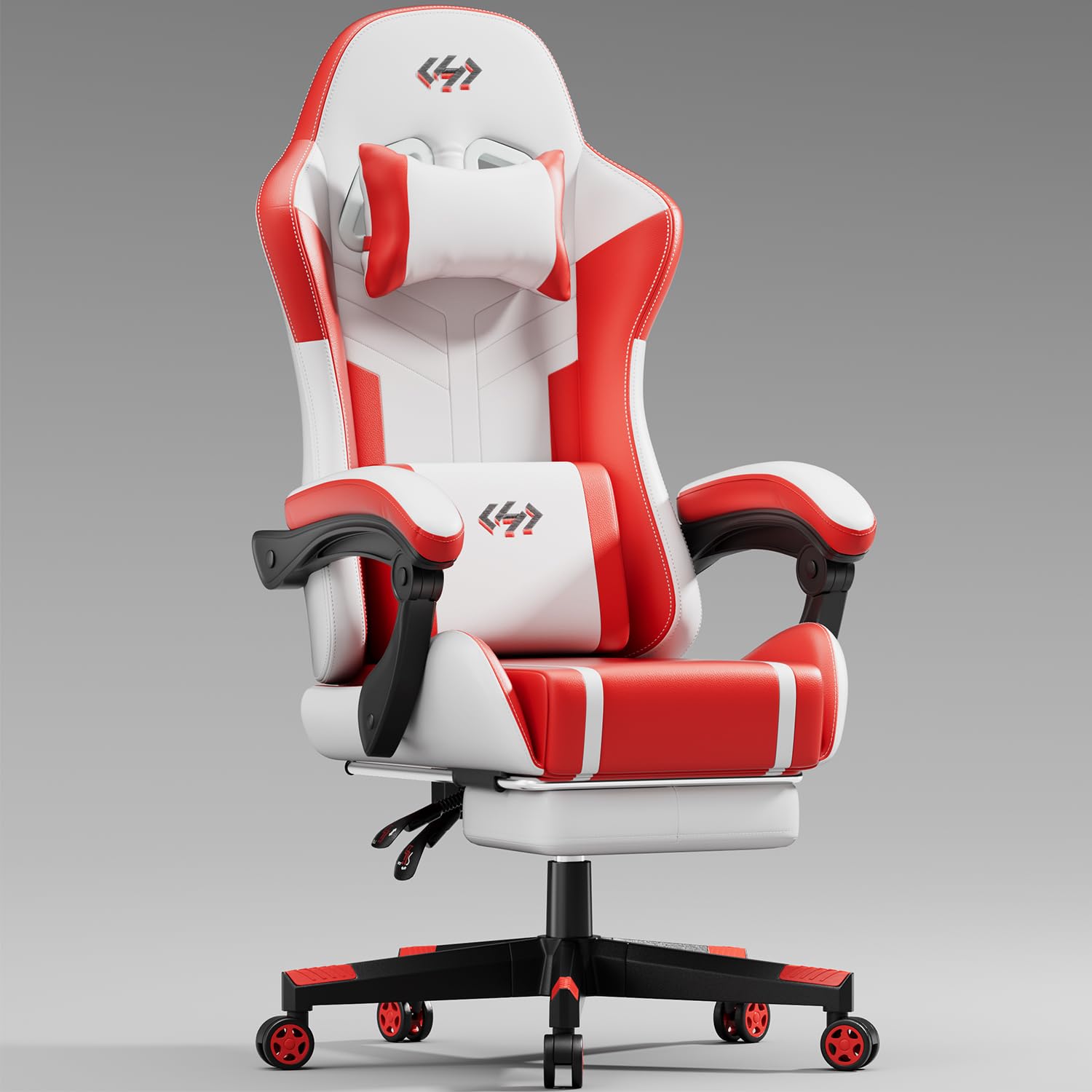 HLDIRECT Gaming Chair with Pocket Spring Cushion, Video Game Chair, Gaming Computer Chair, Ergonomic Chairs for Adults with Headrest and Lumbar Support, Swivel PU Leather Office Chair, White & Red