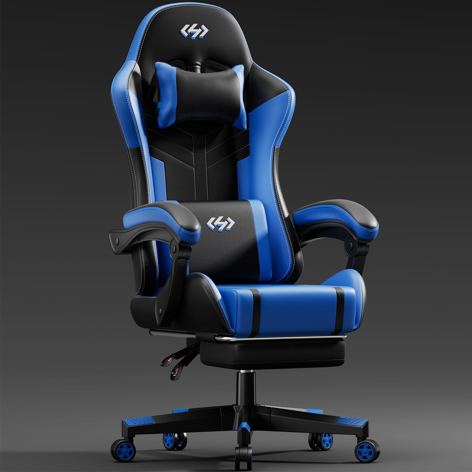 HLDIRECT Gaming Chair with Pocket Spring Cushion, Video Game Chair, Gaming Computer Chair, Ergonomic Chairs for Adults with Headrest and Lumbar Support, Swivel PU Leather Office Chair, Black & Blue