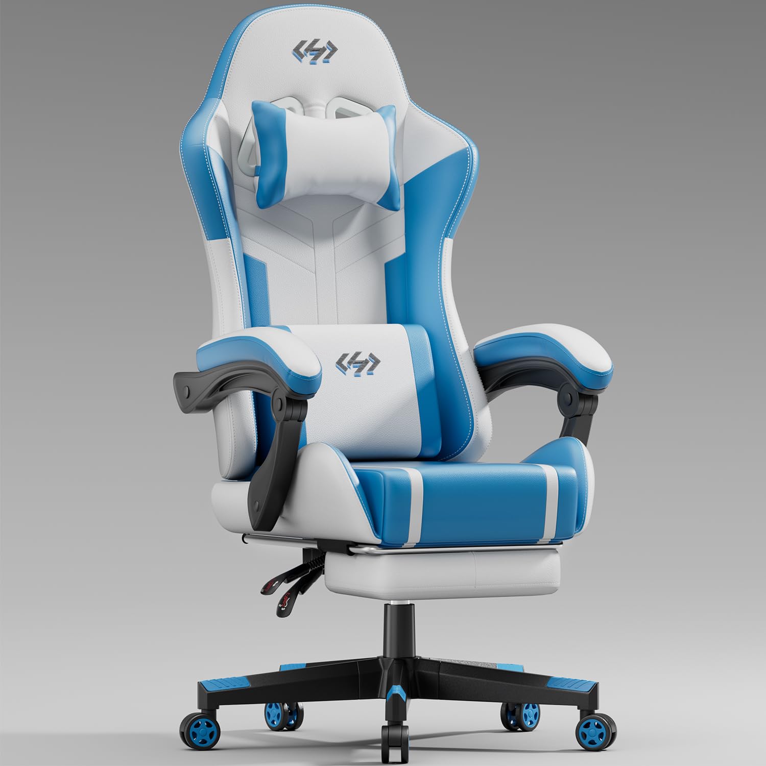 HLDIRECT Gaming Chair with Pocket Spring Cushion, Video Game Chair, Gaming Computer Chair, Ergonomic Chairs for Adults with Headrest and Lumbar Support, Swivel PU Leather Office Chair, White & Blue