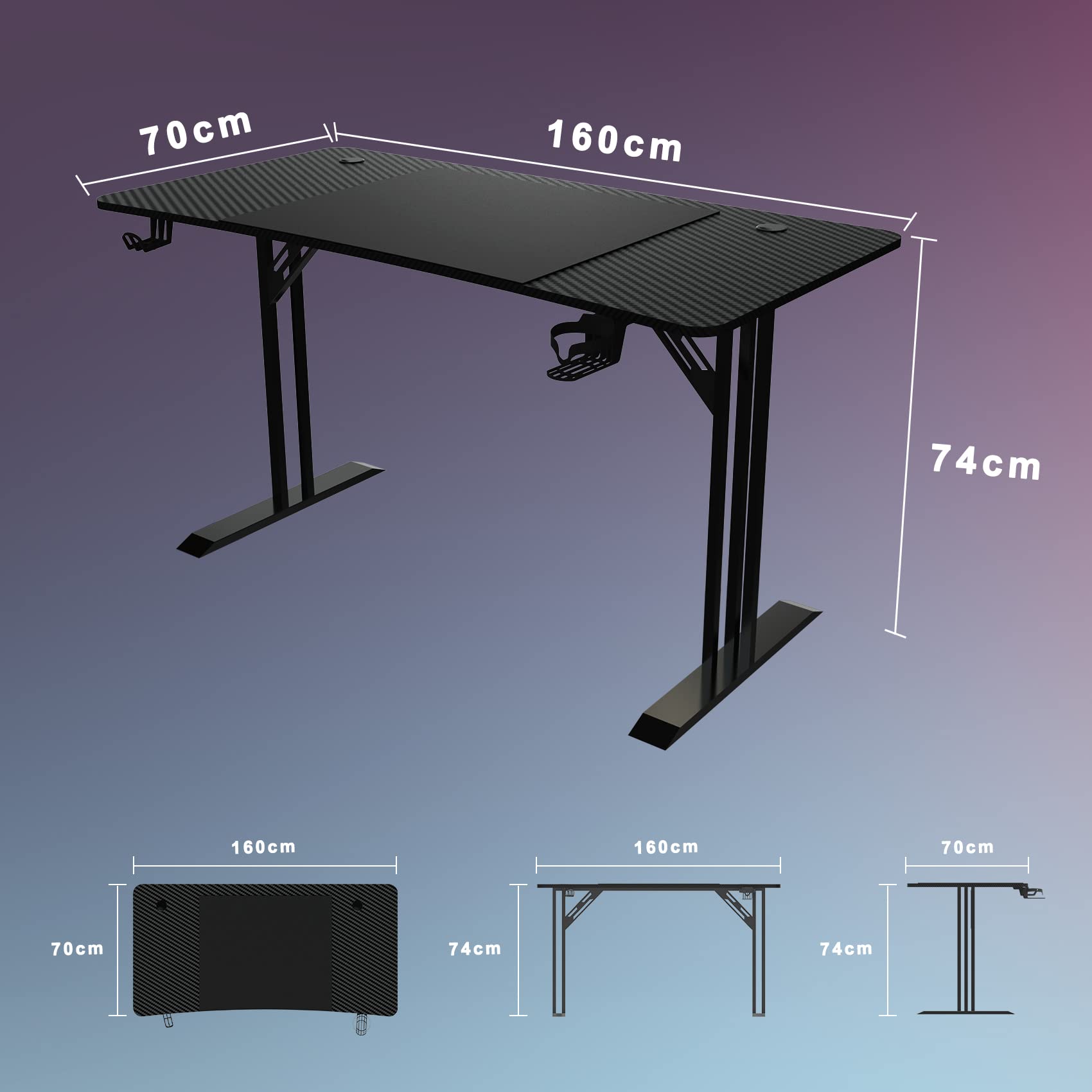 HLONONE Gaming Tisch 160 x 70cm, Ergonomischer Computertisch Gaming Schreibtisch Schwarz