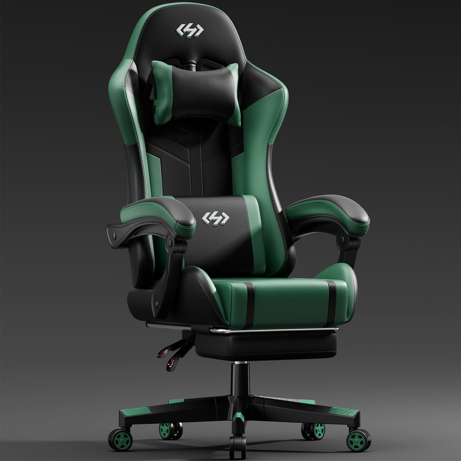 HLDIRECT Gaming Chair with Pocket Spring Cushion, Video Game Chair, Gaming Computer Chair, Ergonomic Chairs for Adults with Headrest and Lumbar Support, Swivel PU Leather Office Chair, Black & Green