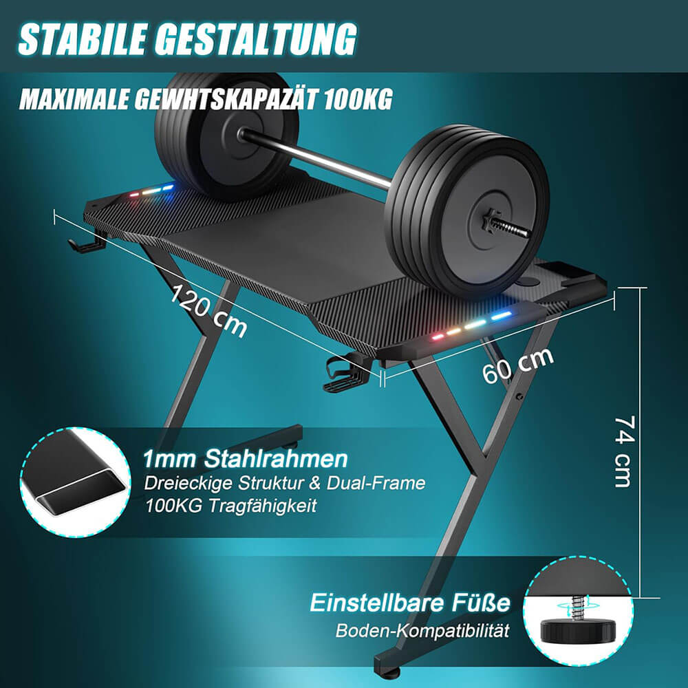 HLDIRECT 47 Inch Ergonomic Gaming Desk with LED Lights with Carbon Fibre Surface