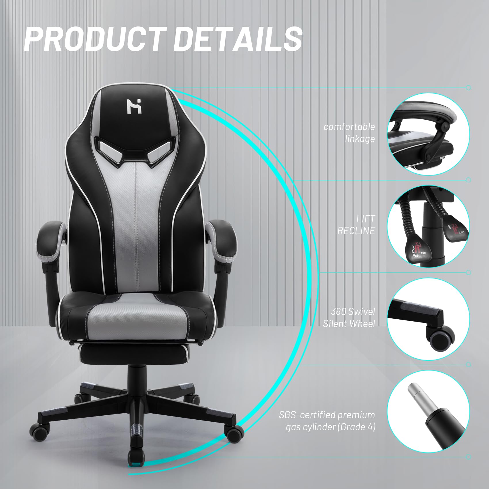 HLDIRECT Gaming Chair, PC Video Game Chair with PU Leather, Grey