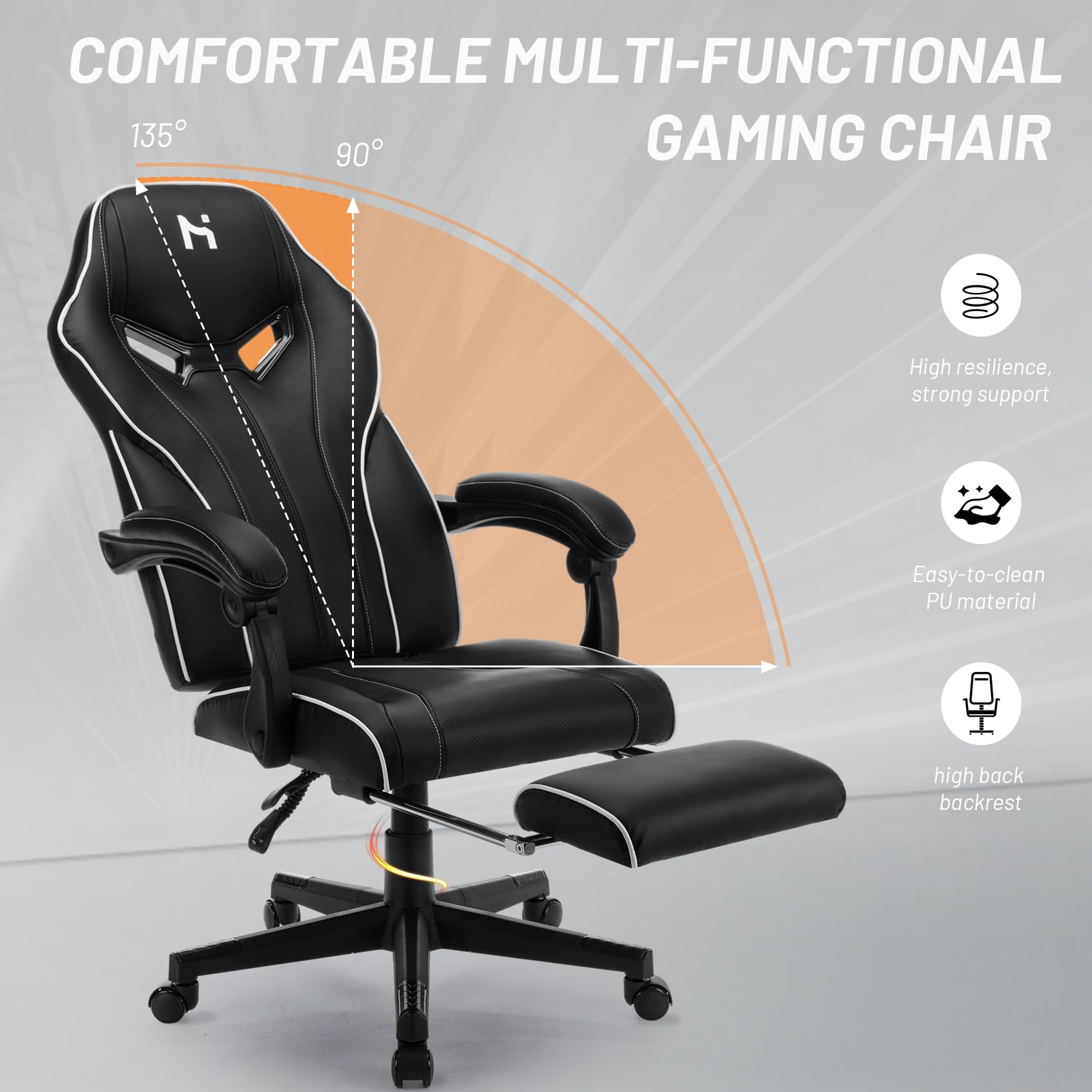 HLDIRECT Adjustable Gaming Chair with Footrest, 360°Swivel Computer Office Chair, Black