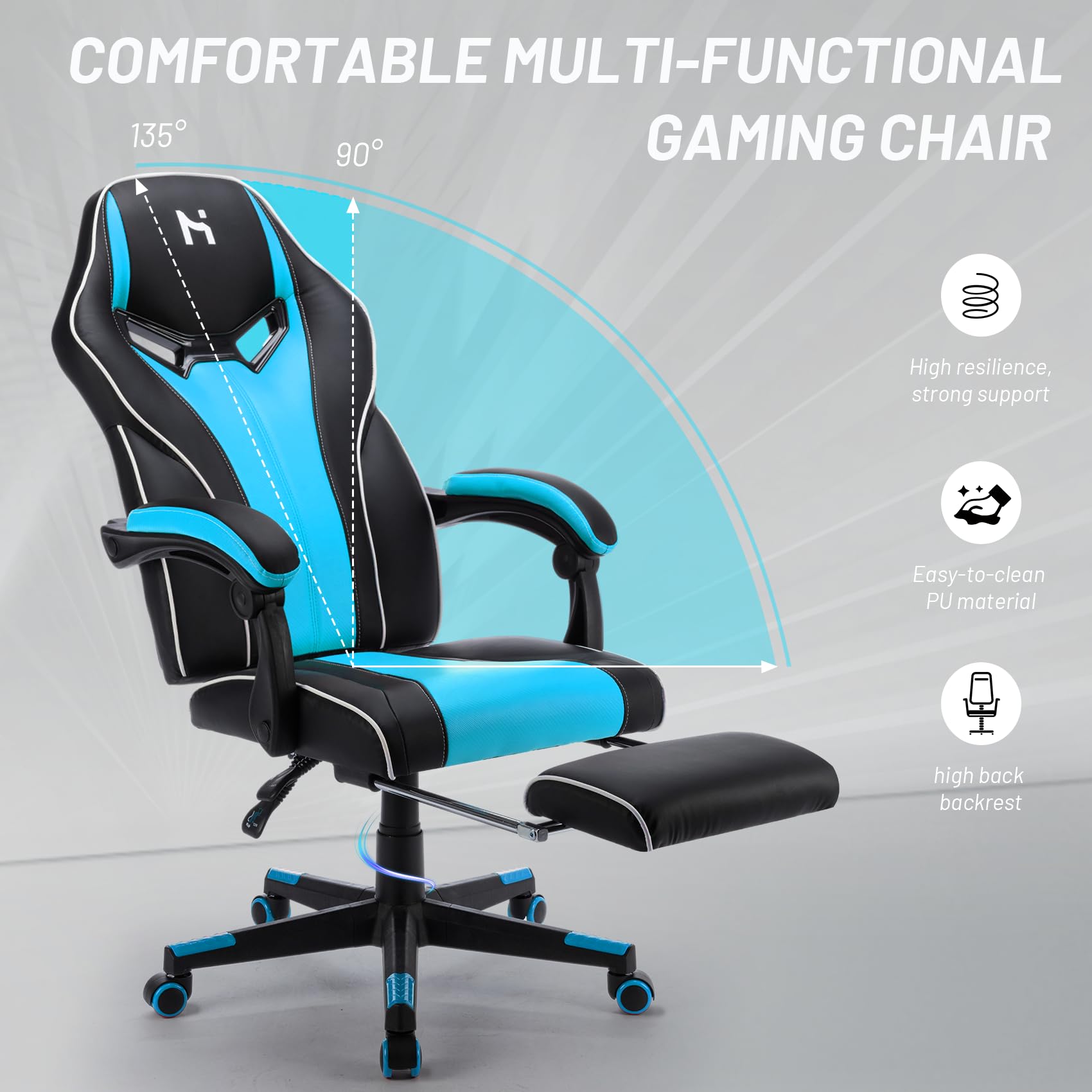 HLDIRECT Gaming Chair with Footrest, 360°Swivel Computer Office Chair, Blue