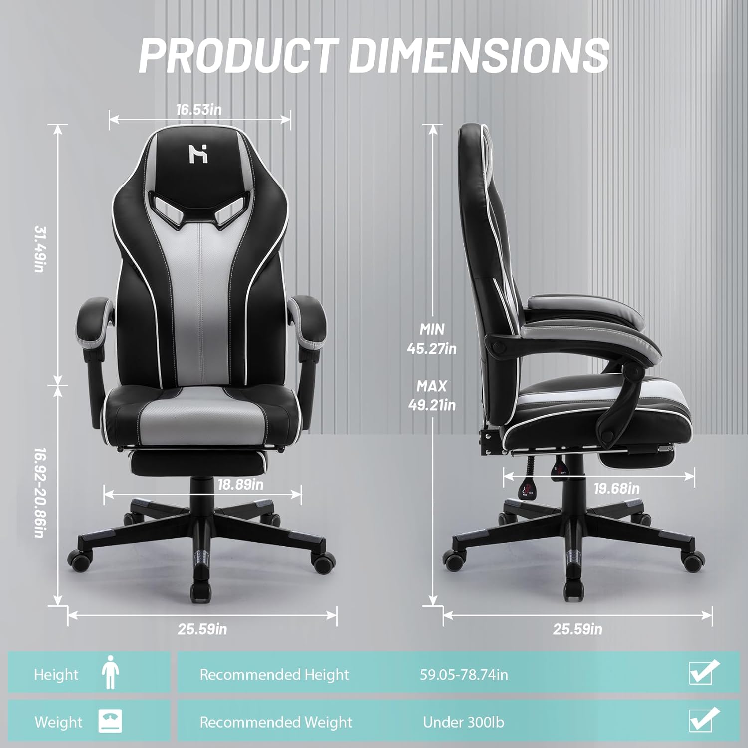 HLDIRECT Gaming Chair, PC Video Game Chair with PU Leather, Grey