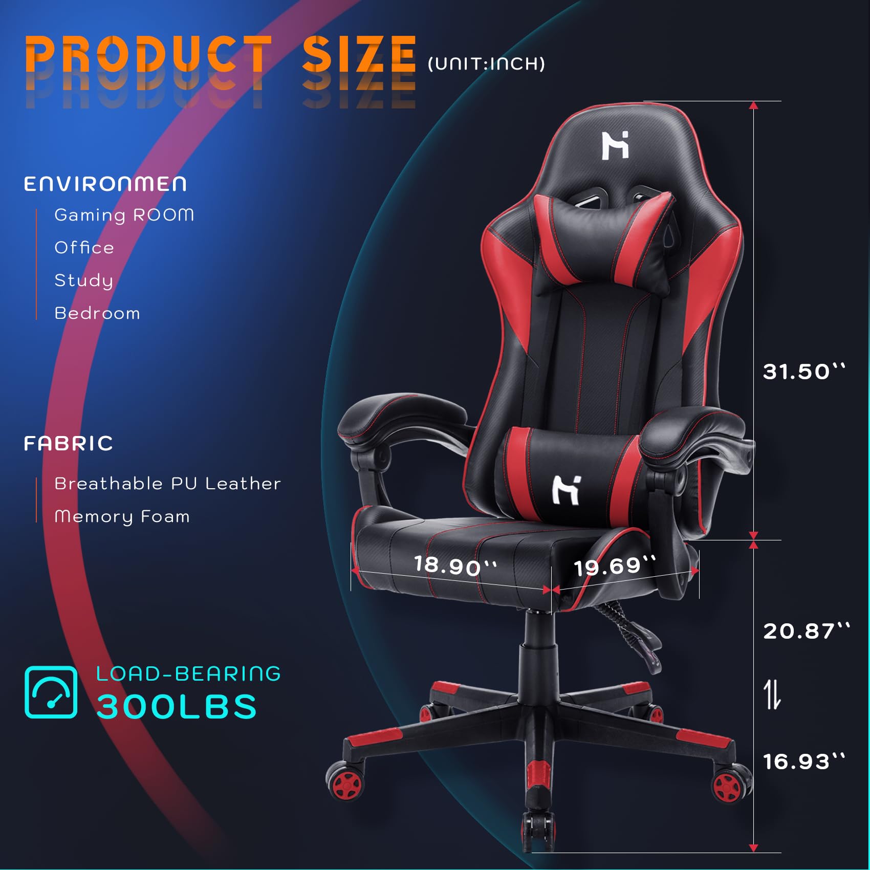 HLDIRECT Gaming Chair with Headrest and Lumbar Support, Black & Red