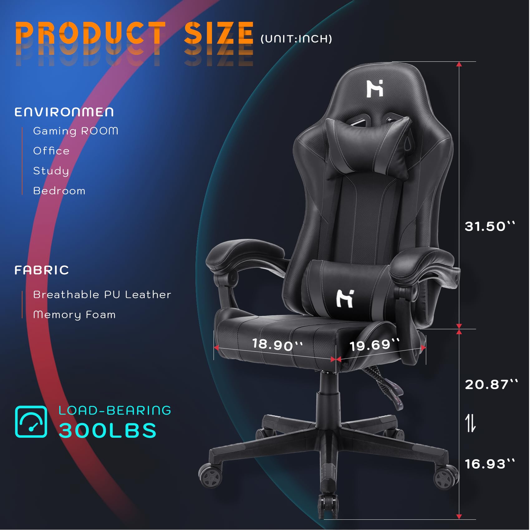 HLDIRECT Gaming Chair Adjustable Height Chair with Headrest Lumbar Support, Black