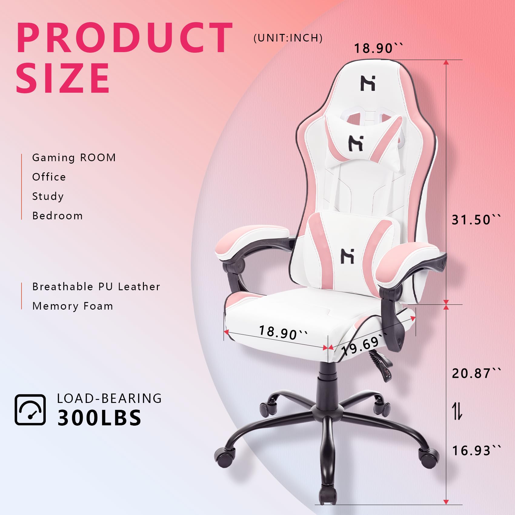 HLDIRECT High Back Gaming Chair Ergonomic Adjustable Swivel Task Chair White Pink