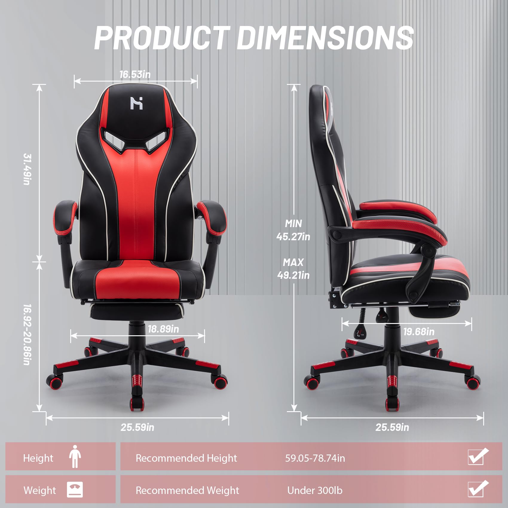 HLDIRECT Gaming Chair with Footrest, 360°Swivel Computer Office Chair, Red