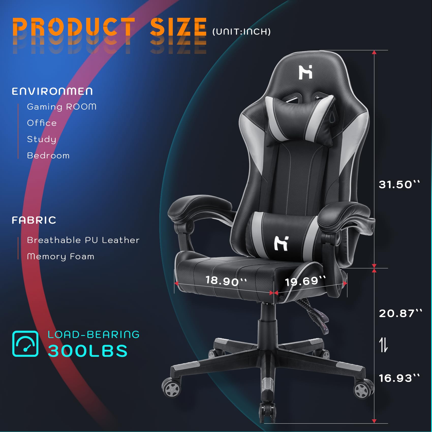 HLDIRECT Ergonomic Gaming Chair with Headrest Lumbar Support, Black & Grey