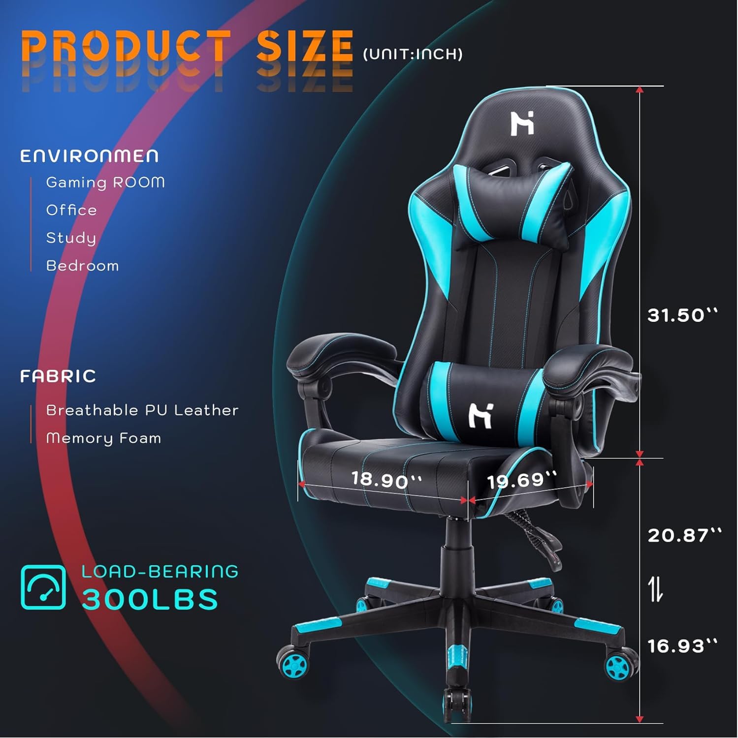 HLDIRECT Gaming Chair Adjustable Height Chair with Headrest Lumbar Support