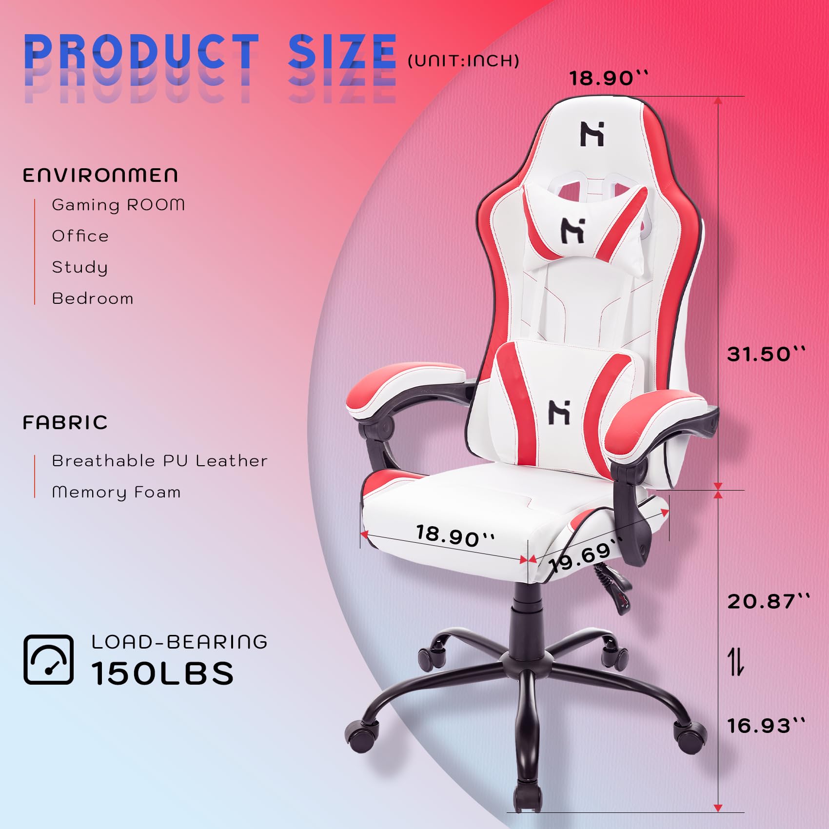 HLDIRECT High Back Gaming Chair Ergonomic Adjustable Swivel Task Chair White Red