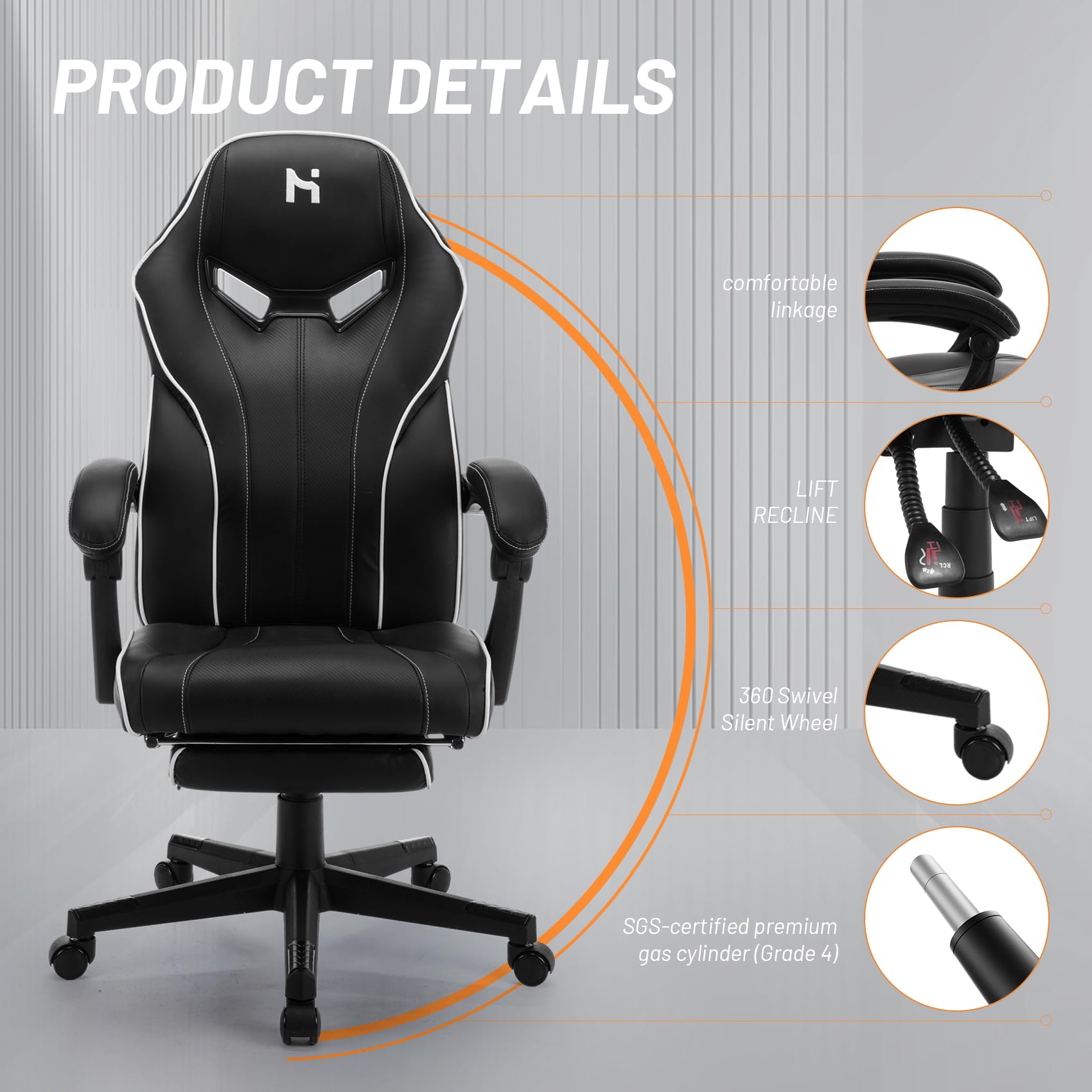 HLDIRECT Adjustable Gaming Chair with Footrest, 360°Swivel Computer Office Chair, Black