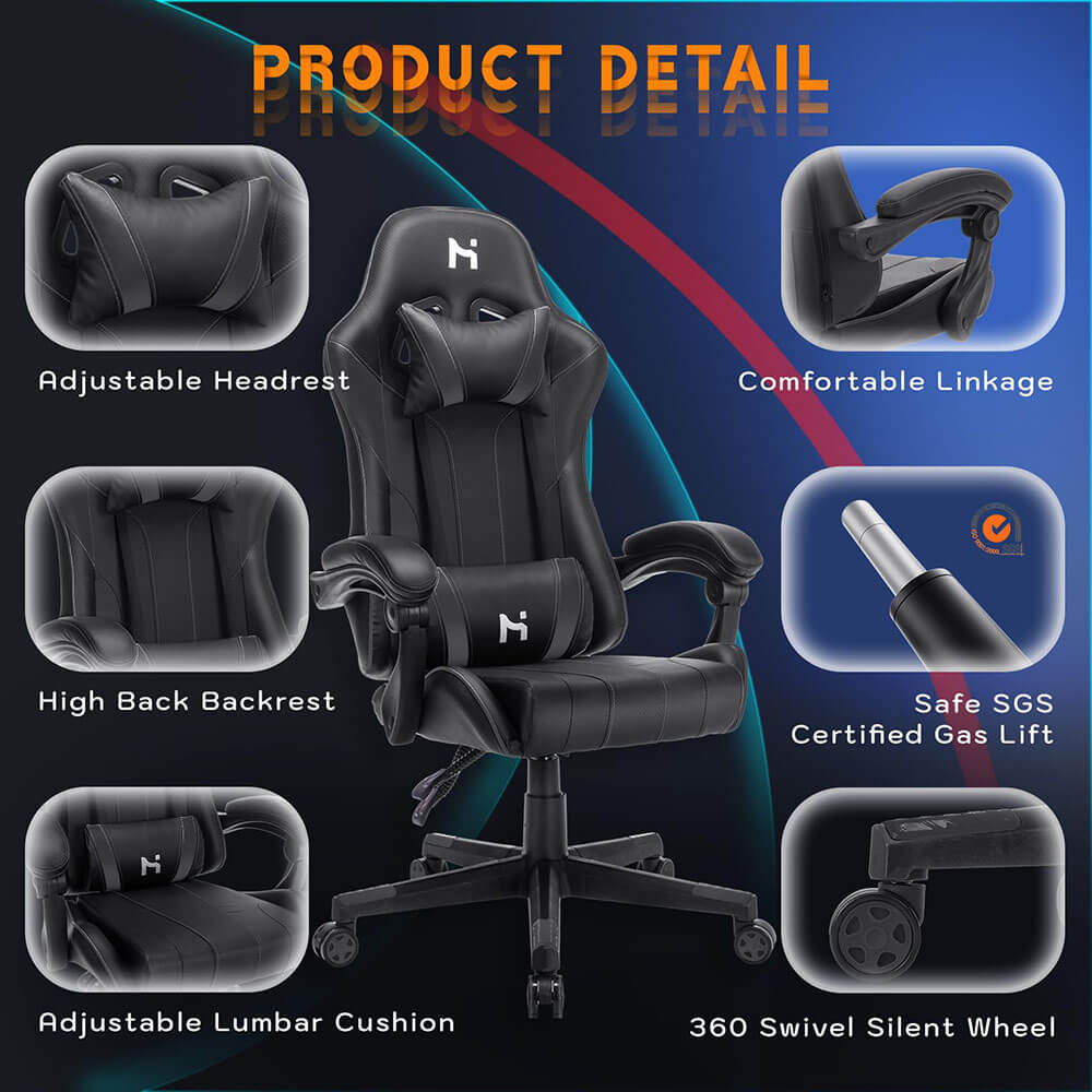 HLDIRECT Gaming Chair Adjustable Height Chair with Headrest Lumbar Support, Black