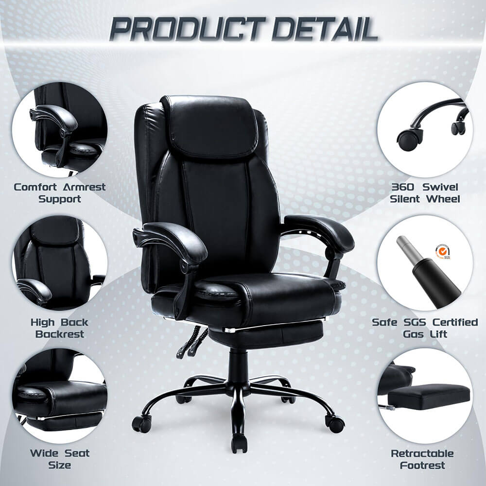 HLDIRECT Office Chair with Footrest, Comfortable Desk Chair with Padded Armrests and Adjustable Height, Black