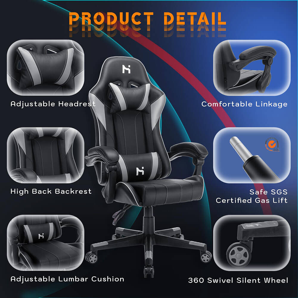 HLDIRECT Ergonomic Gaming Chair with Headrest Lumbar Support, Black & Grey