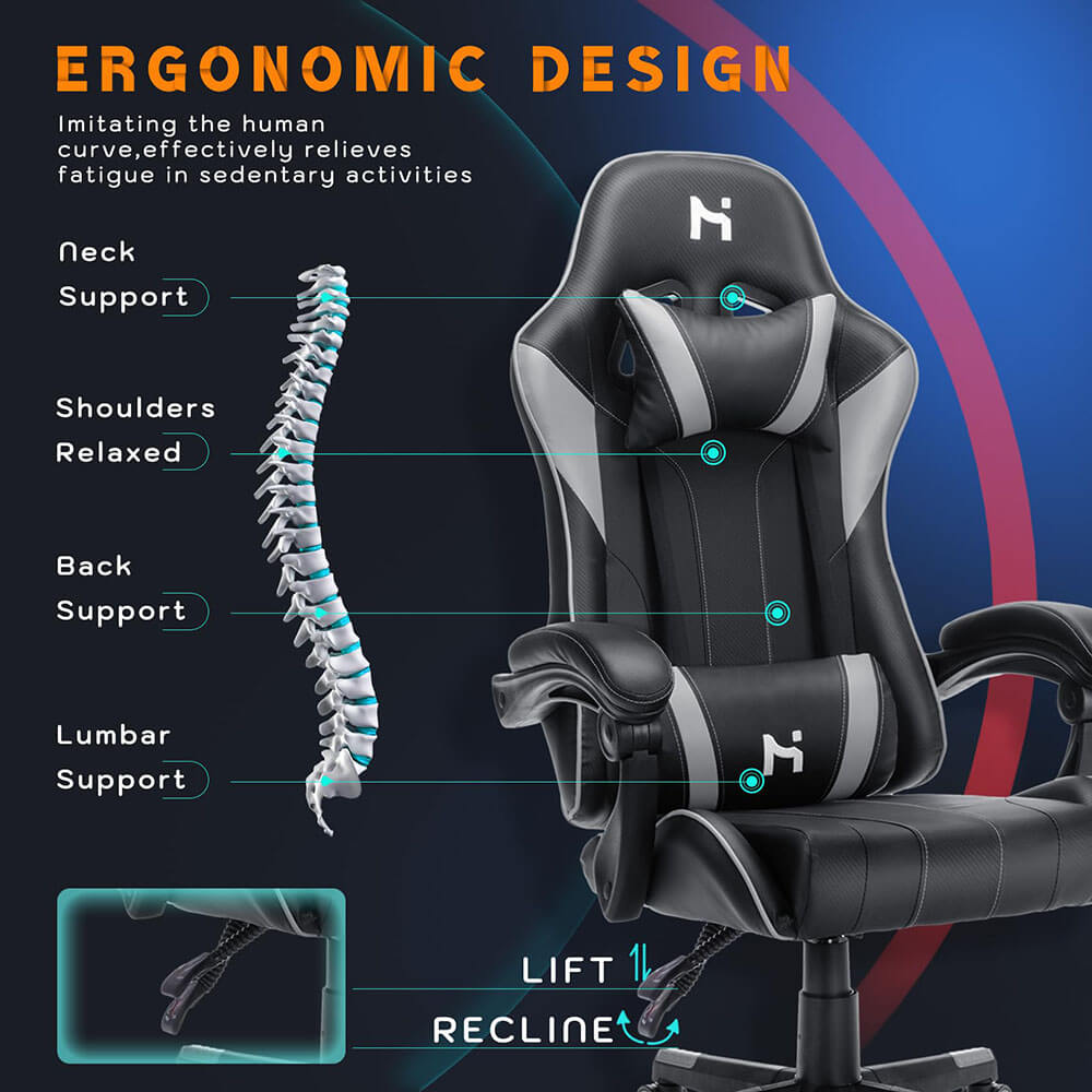 HLDIRECT Ergonomic Gaming Chair with Headrest Lumbar Support, Black & Grey