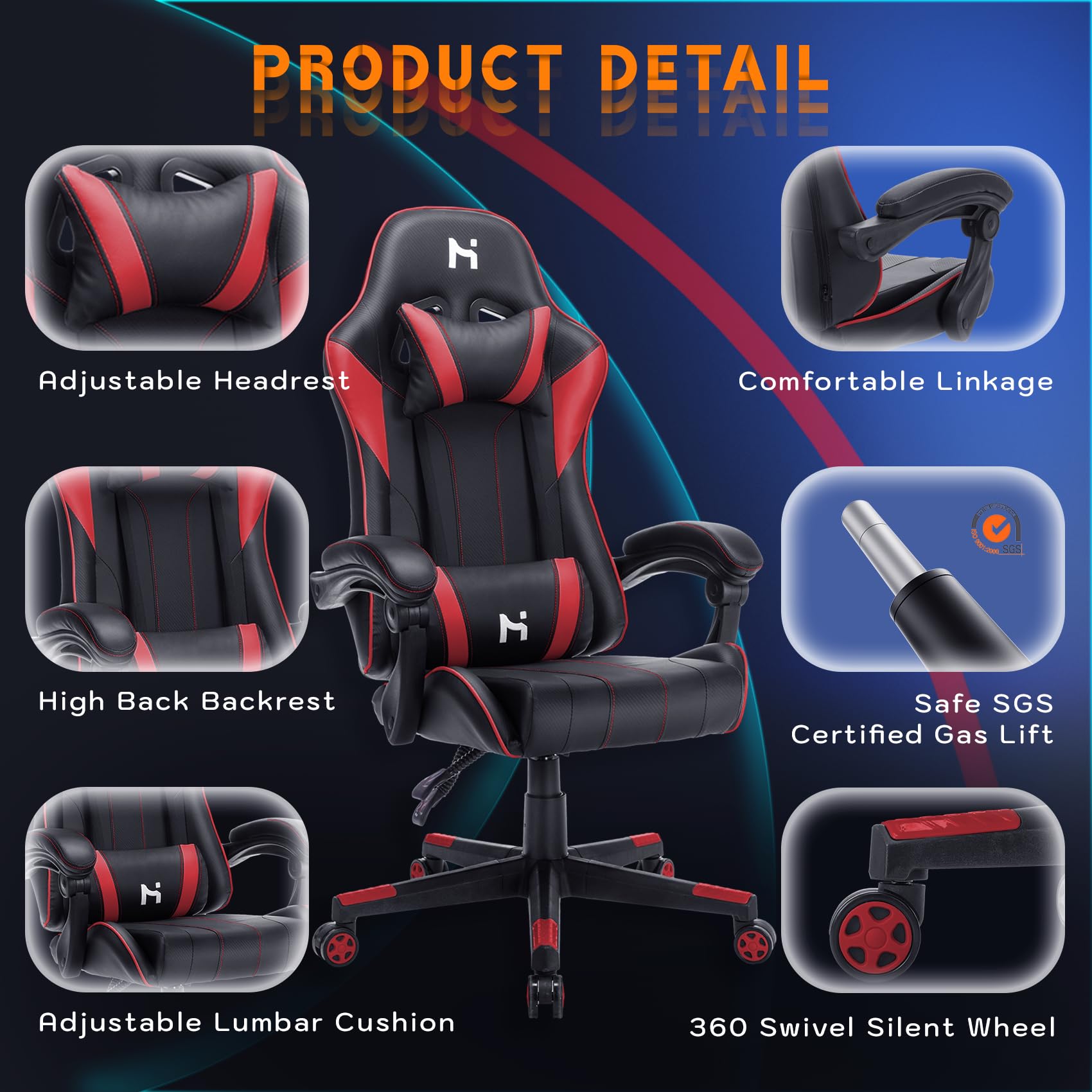 HLDIRECT Gaming Chair with Headrest and Lumbar Support, Black & Red