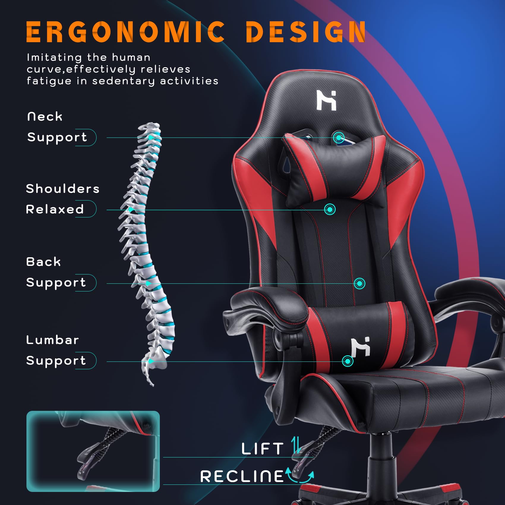 HLDIRECT Gaming Chair with Headrest and Lumbar Support, Black & Red