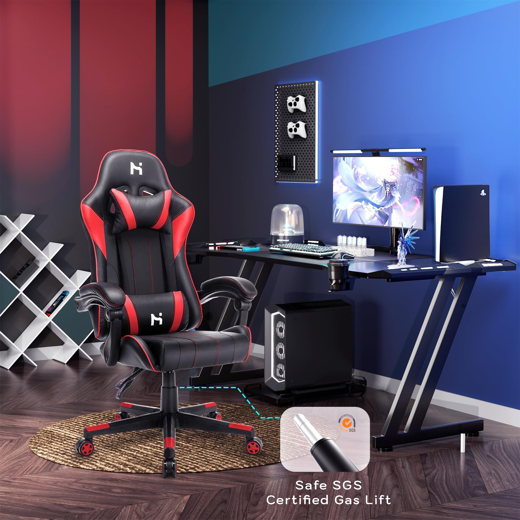 HLDIRECT Gaming Chair with Headrest and Lumbar Support, Black & Red