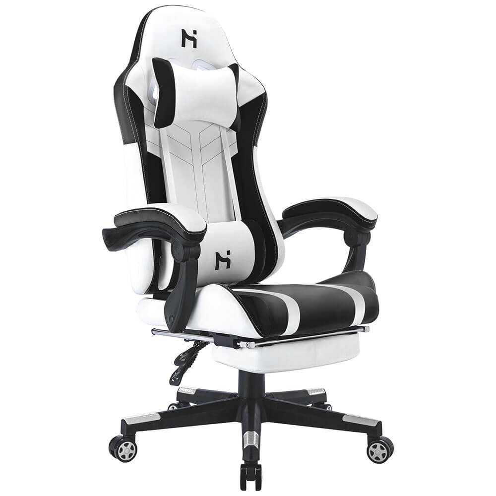 HLDIRECT Ergonomic Gaming Chairs for Adults with Footrest White & Black