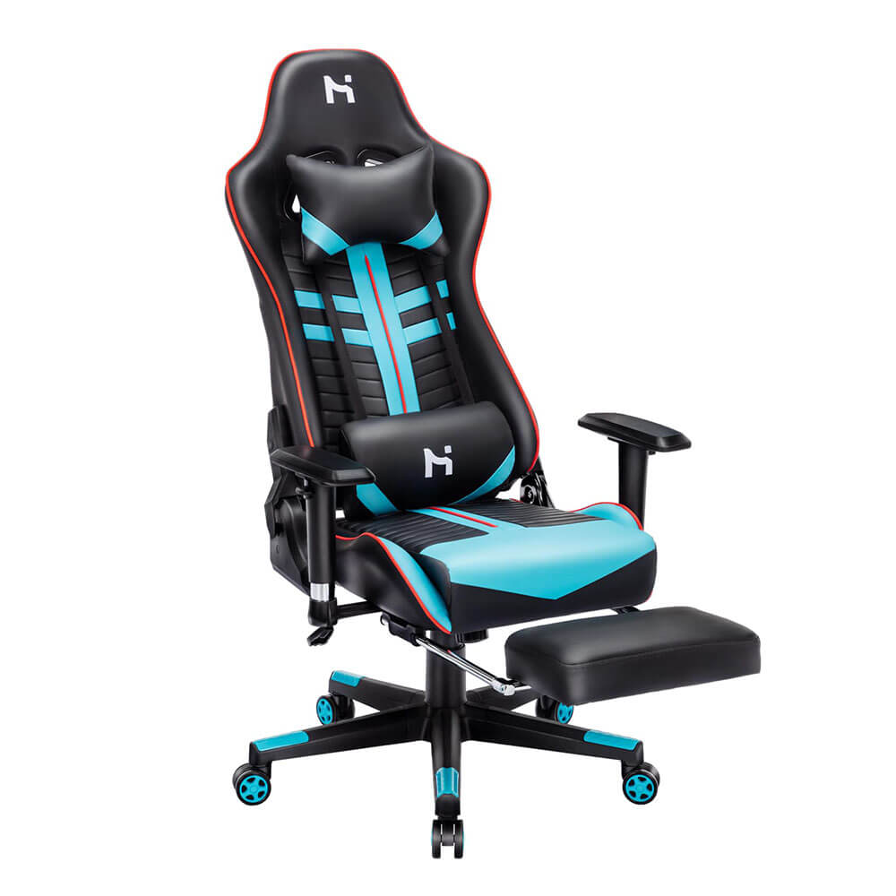 HLDIRECT Gaming Chair with Footrest, Height Adjustable and Swivel Ergonomic Office Chair, Black & Blue