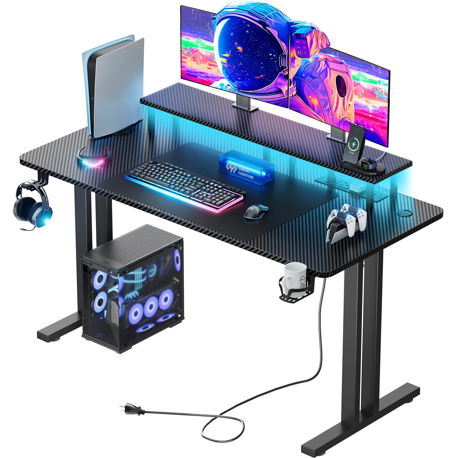 HLDIRECT 47 Inch Gaming Desk with LED Lights & Power Outlet, Computer Gamer Desk with Monitor Stand, Ergonomic Carbon Fiber Gaming Table Home Office Desk with Cup Holder, Headphone Hook & Mouse Pad