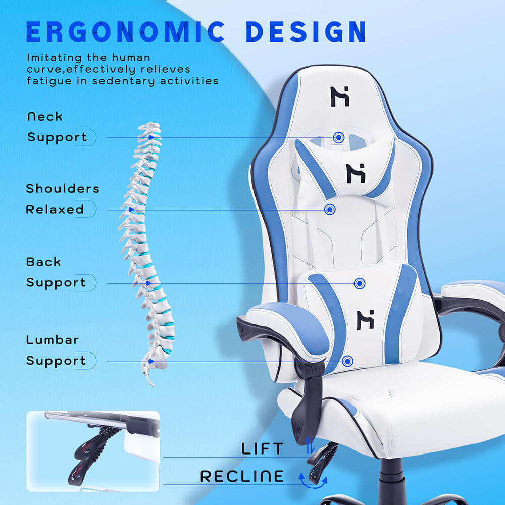 HLDIRECT Blue Gaming Chair, Office Chair with Headrest and Lumbar Support