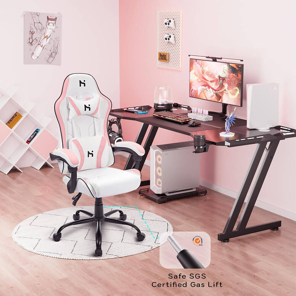 HLDIRECT High Back Gaming Chair Ergonomic Adjustable Swivel Task Chair White Pink