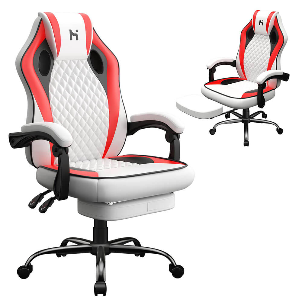 HLDIRECT Gaming Chair with footrest White-Red