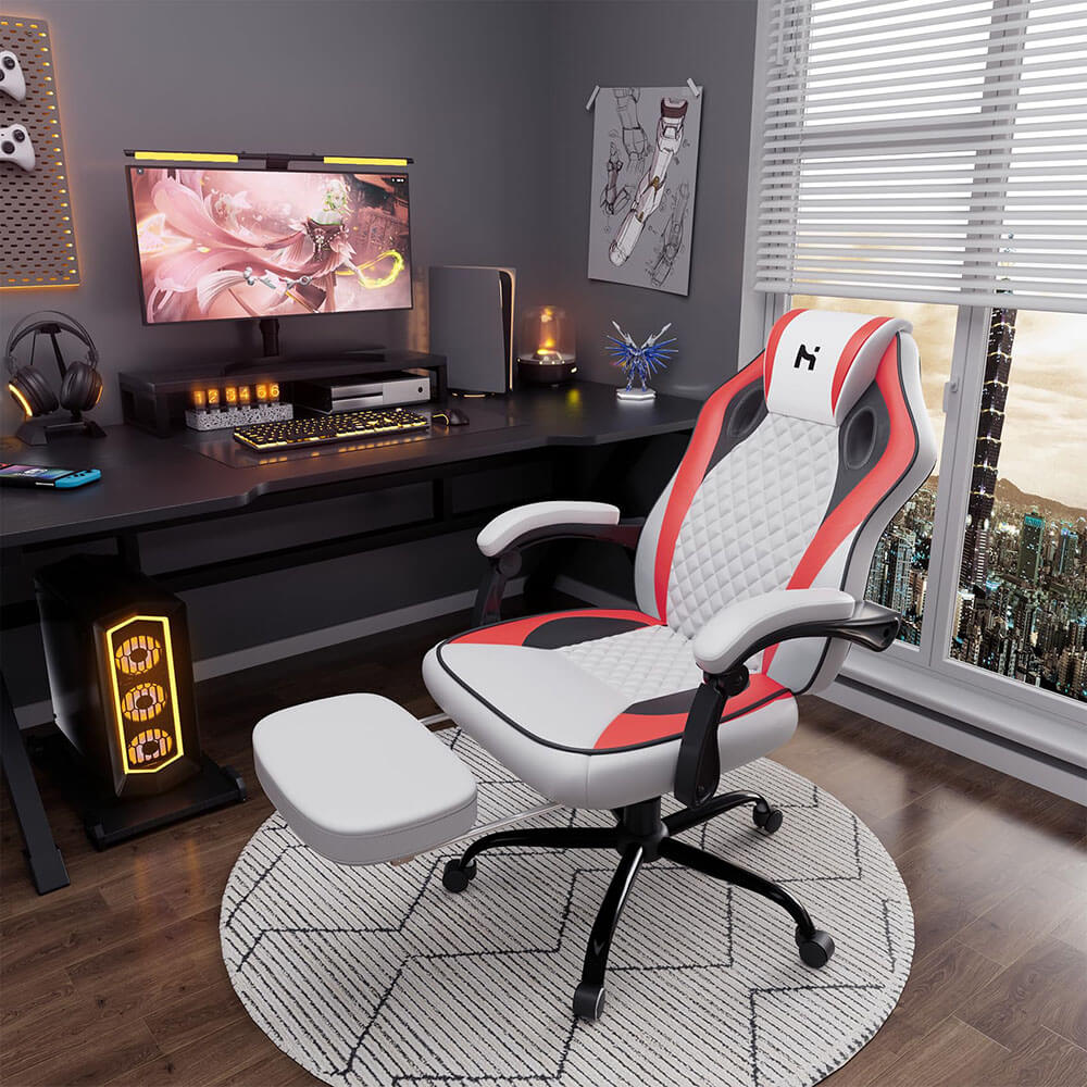 HLDIRECT Gaming Chair with footrest White-Red