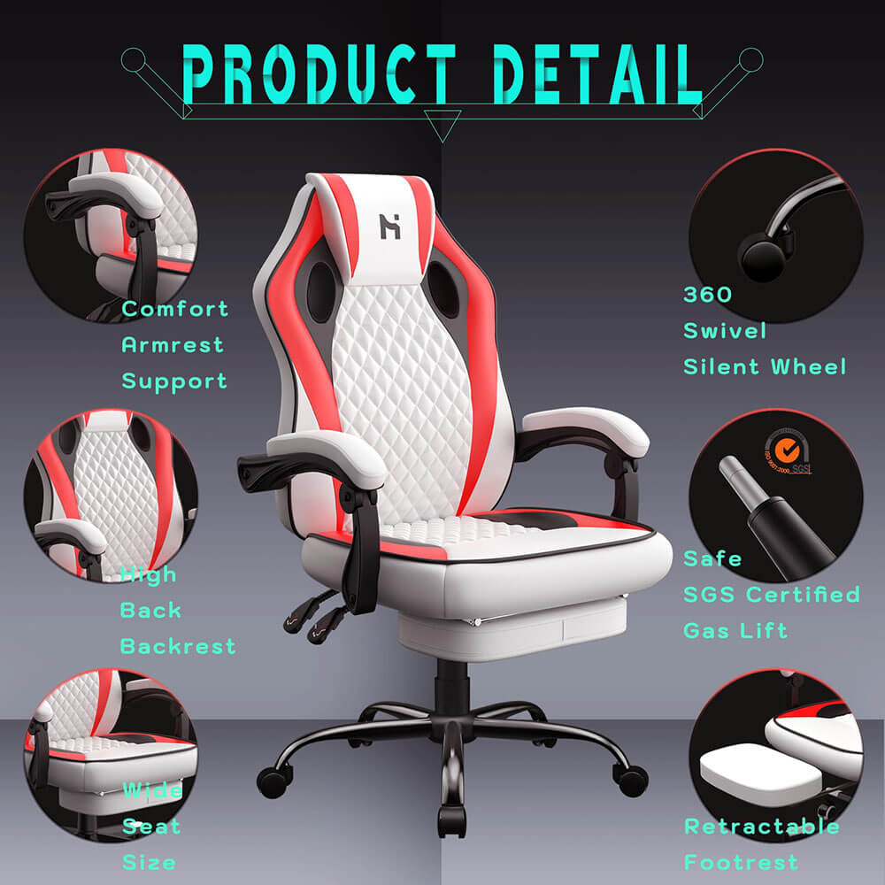 HLDIRECT Gaming Chair with footrest White-Red