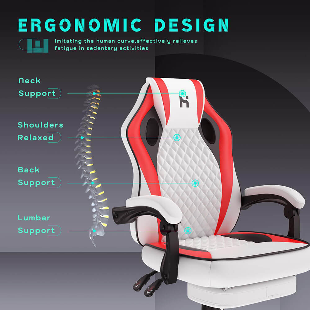 HLDIRECT Gaming Chair with footrest White-Red