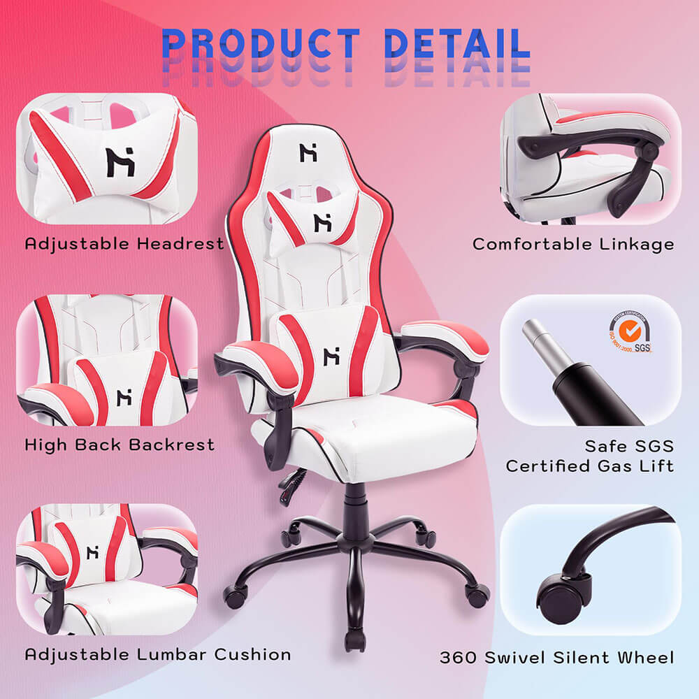 HLDIRECT High Back Gaming Chair Ergonomic Adjustable Swivel Task Chair White Red