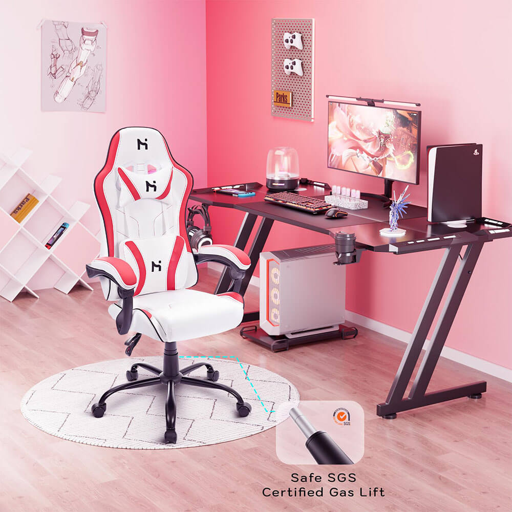 HLDIRECT High Back Gaming Chair Ergonomic Adjustable Swivel Task Chair White Red