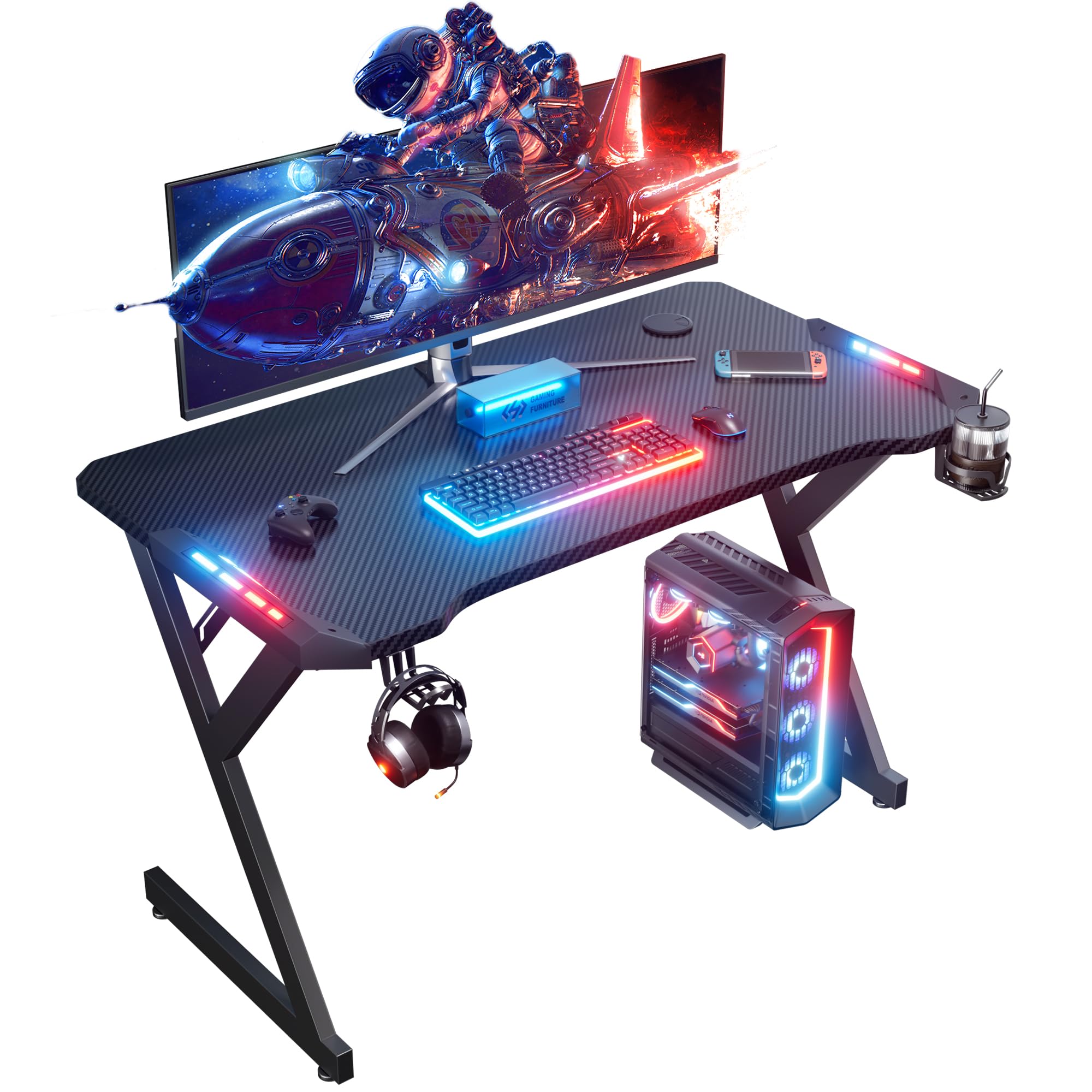 HLDIRECT 40 INCH Gaming Desk with LED Lights, Home Office Gamer Desk, Ergonomic Computer Table with Large Carbon Fiber Desktop, Office Workstation, Cup Holder & Headphone Hook, Black