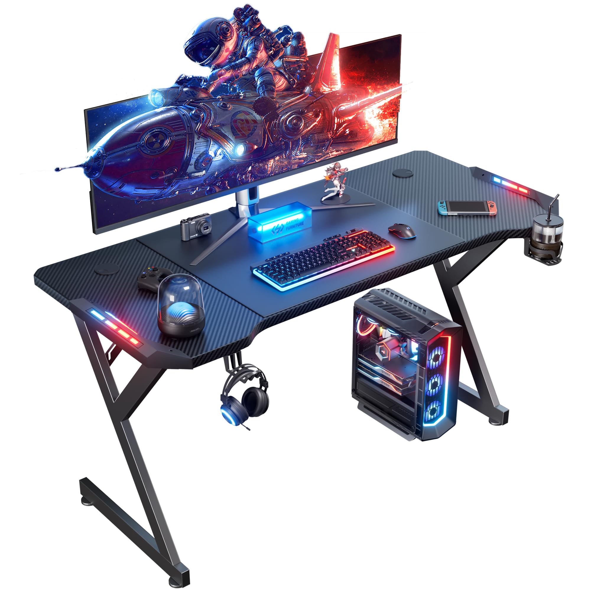 HLDIRECT 47 Inch Ergonomic Gaming Desk with LED Lights with Carbon Fibre Surface