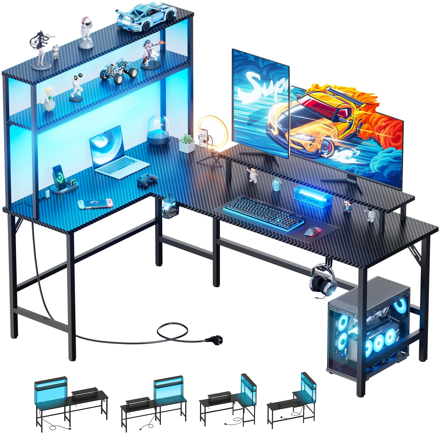 HLDIRECT L Shaped Gaming Desk with LED Light & Power Outlet- 59 Inch Reversible Computer Desk with Shelves and Monitor Stand, Ergonomic Carbon Fiber Corner Desk with Cup Holder & 2 Heaphone Hooks