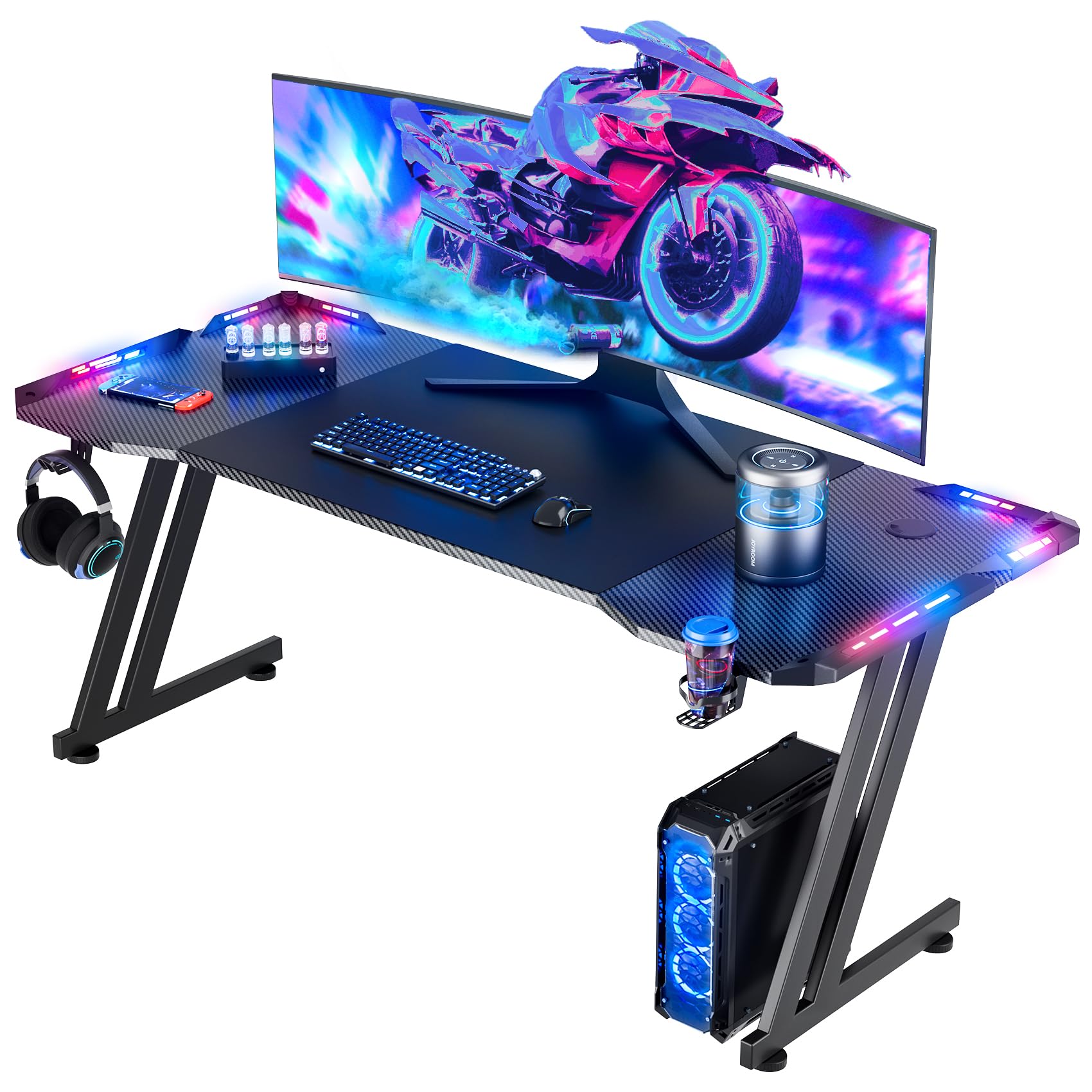 HLDIRECT 63 Inch Gaming Desk with LED Lights Z Shaped